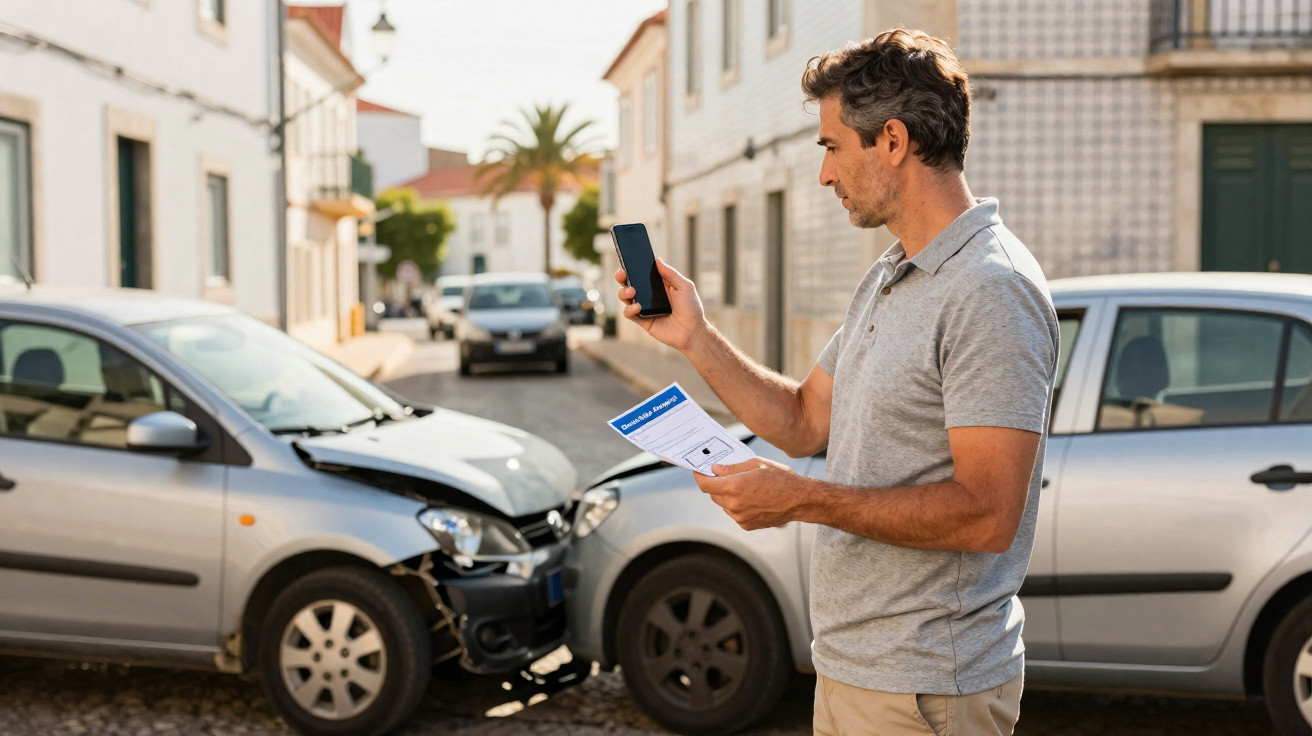 Man taking photos of car accident damage on smartphone while holding accident report form on street