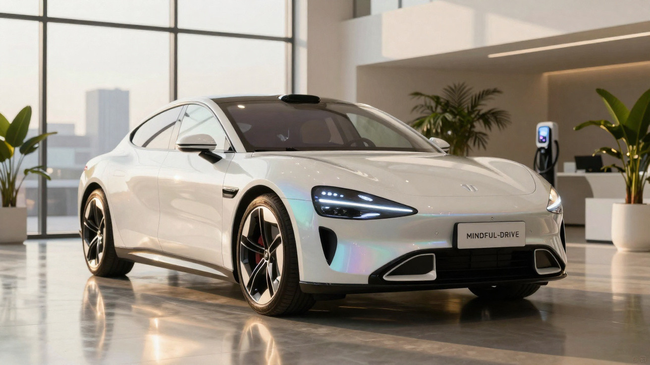 White sleek electric sports car with modern headlights parked indoors near charging station and plants.