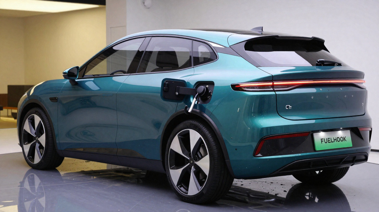 Teal electric car charging with a cable plugged into the rear side, parked indoors on a reflective floor.