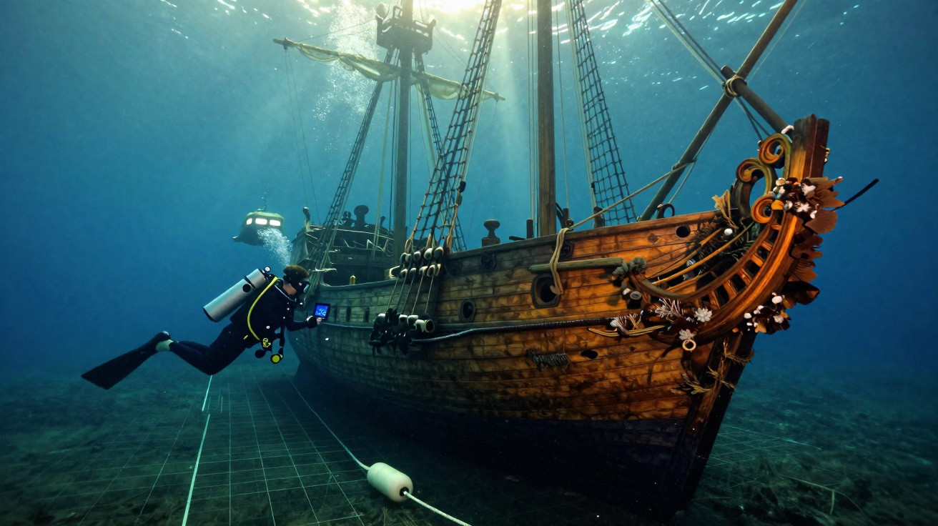 Diver exploring a large, well-preserved wooden shipwreck resting on the ocean floor with sunlight filtering down.