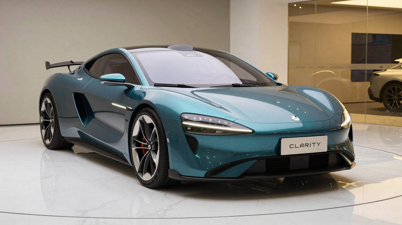 Blue McLaren Clarity sports car displayed in a showroom with sleek design and aerodynamic features.