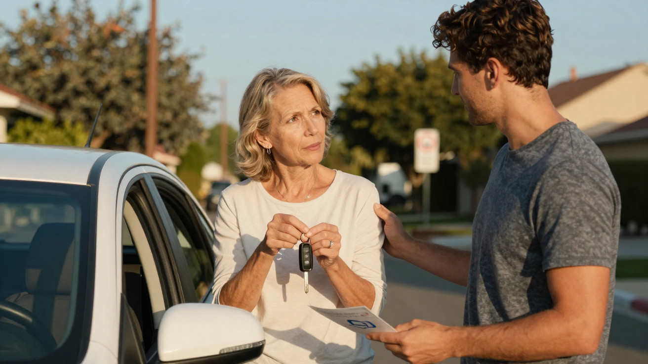Middle-aged woman receives car keys from young man holding a driving licence outside a white car on a street.