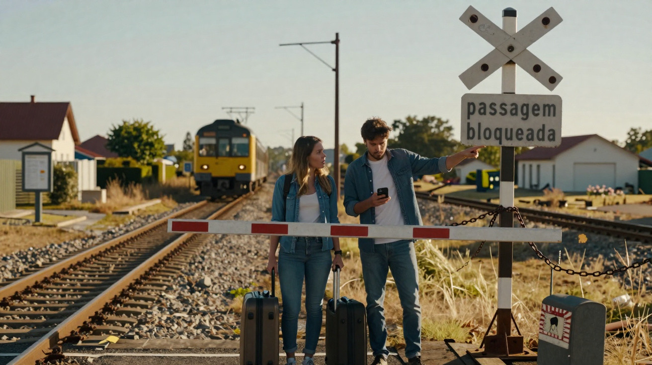 Two travellers with suitcases standing at a closed railway crossing with a train approaching in the distance.