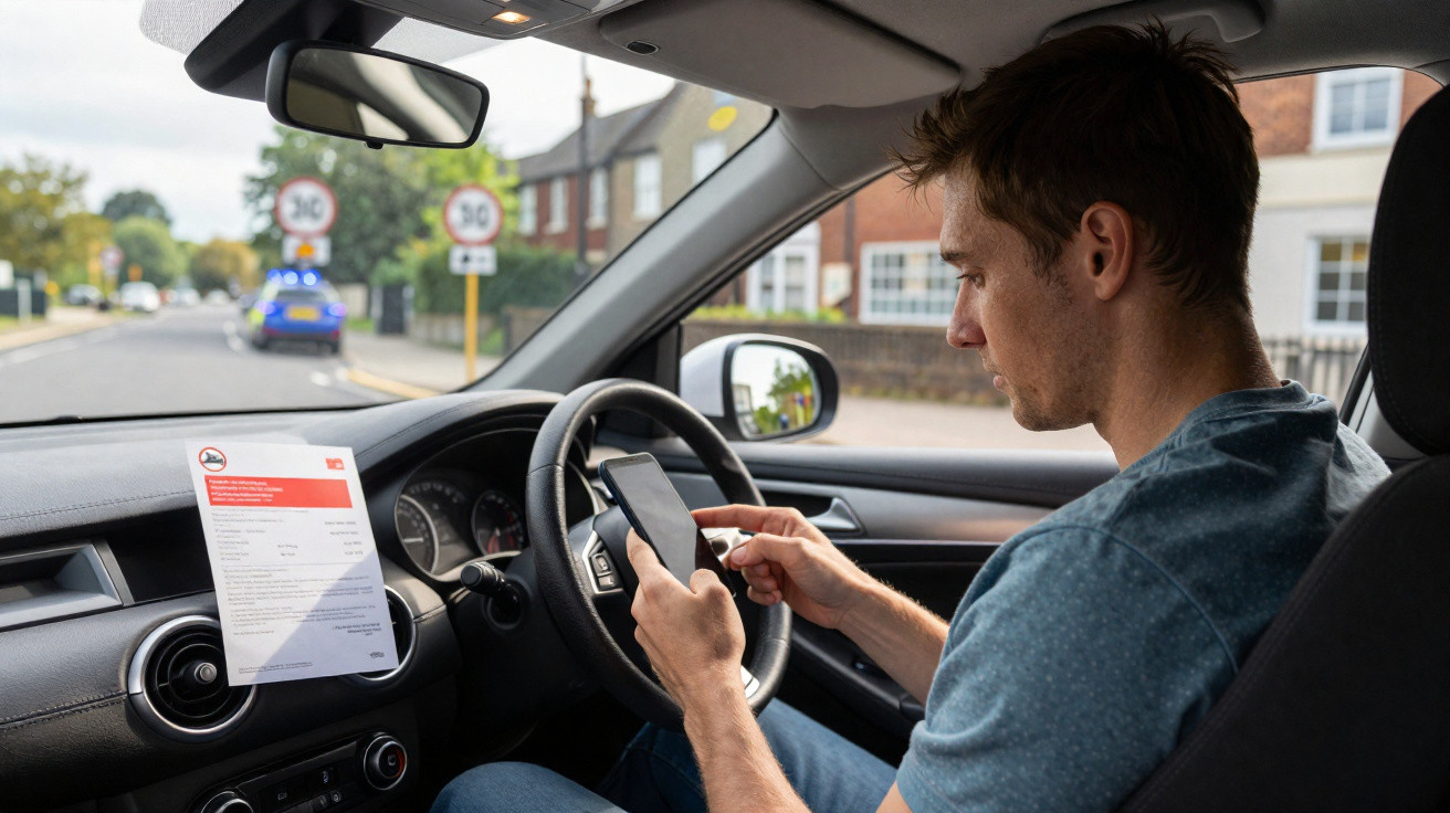 Man sitting in parked car using smartphone with parking ticket displayed on dashboard in residential area.