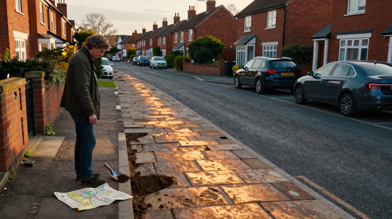 Man looks at a damaged pavement with a hole and a map on the ground on a suburban street at sunset.