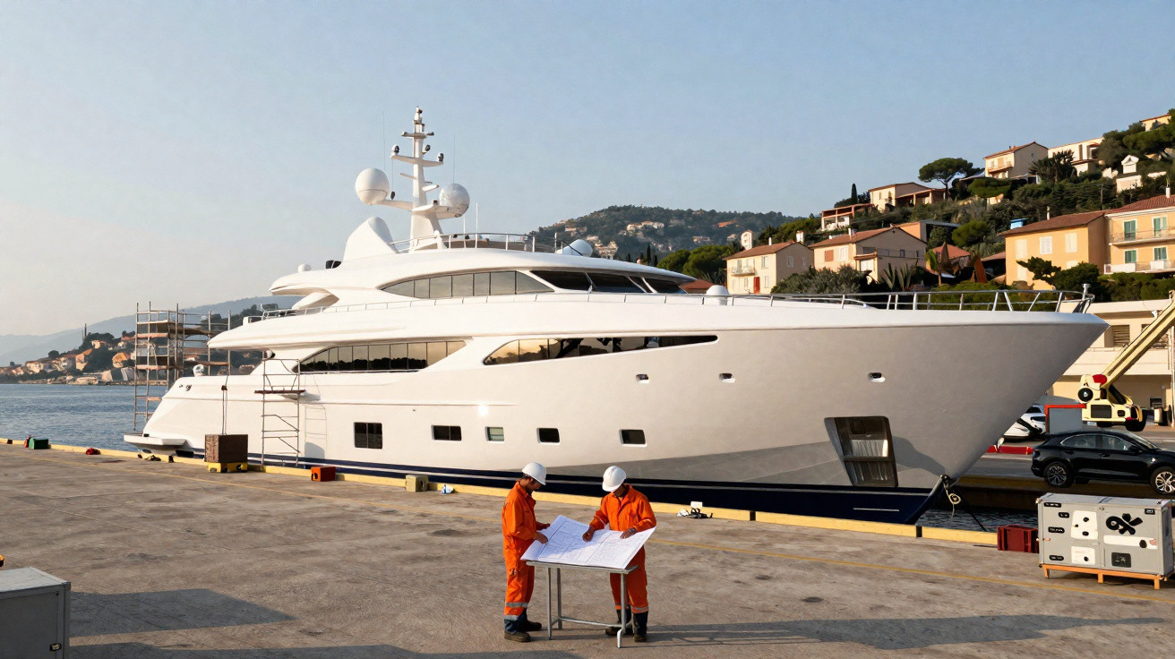 Two workers in orange coveralls review plans beside a large white yacht docked near seaside houses.