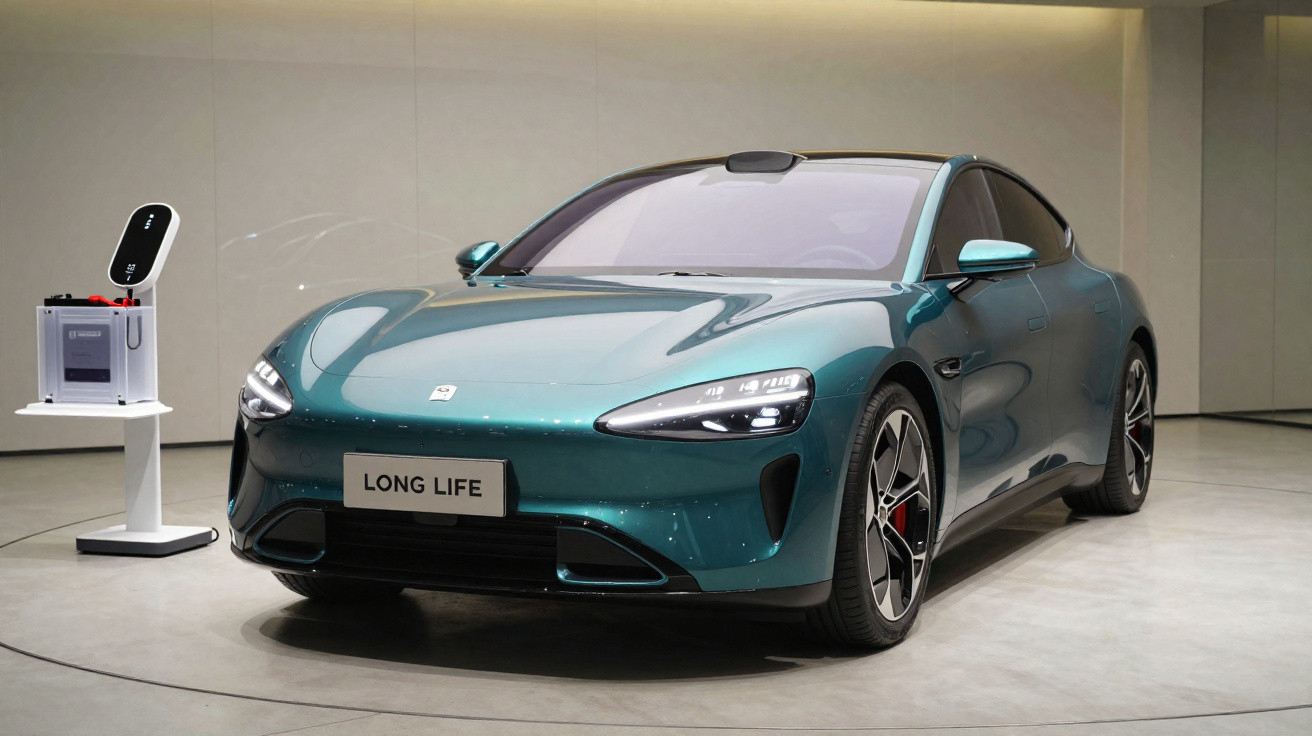 Teal electric car with sleek design and "LONG LIFE" license plate in minimal exhibition space.