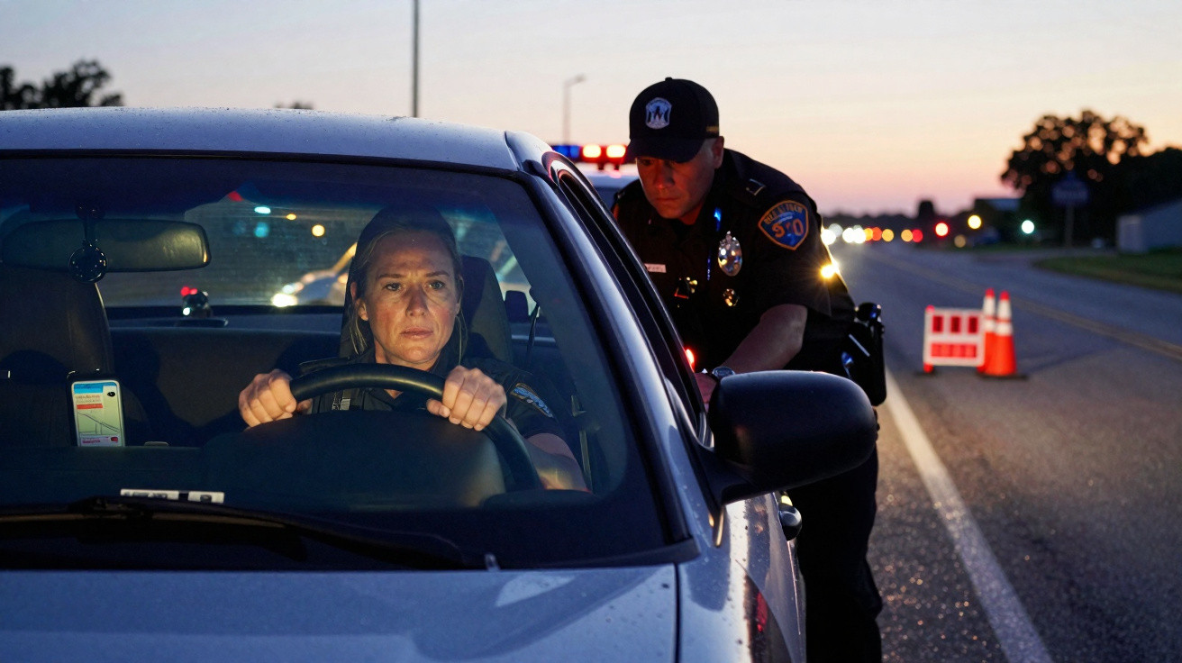 Police officer speaking to a driver stopped by a roadblock at dusk on a suburban road.