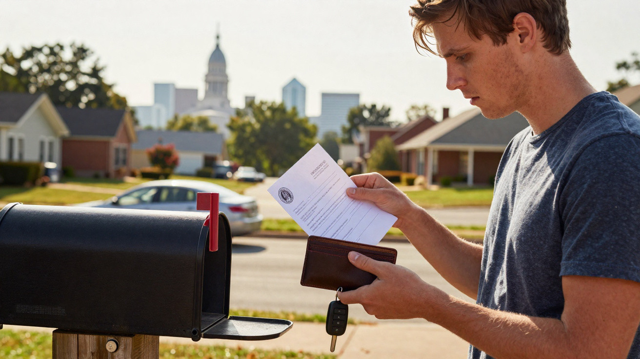 Young man holding a letter and wallet next to a black mailbox in a suburban neighbourhood on a sunny day.