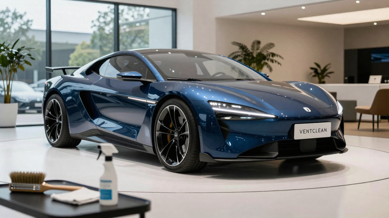 Blue luxury sports car parked inside a modern showroom with cleaning supplies in the foreground.
