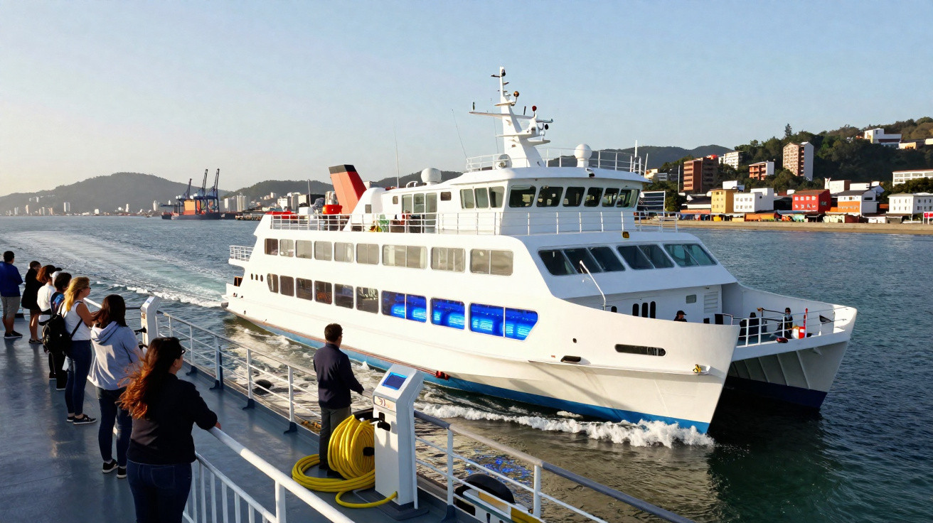 White passenger ferry sailing past a dock with people watching, cityscape and hills in the background.