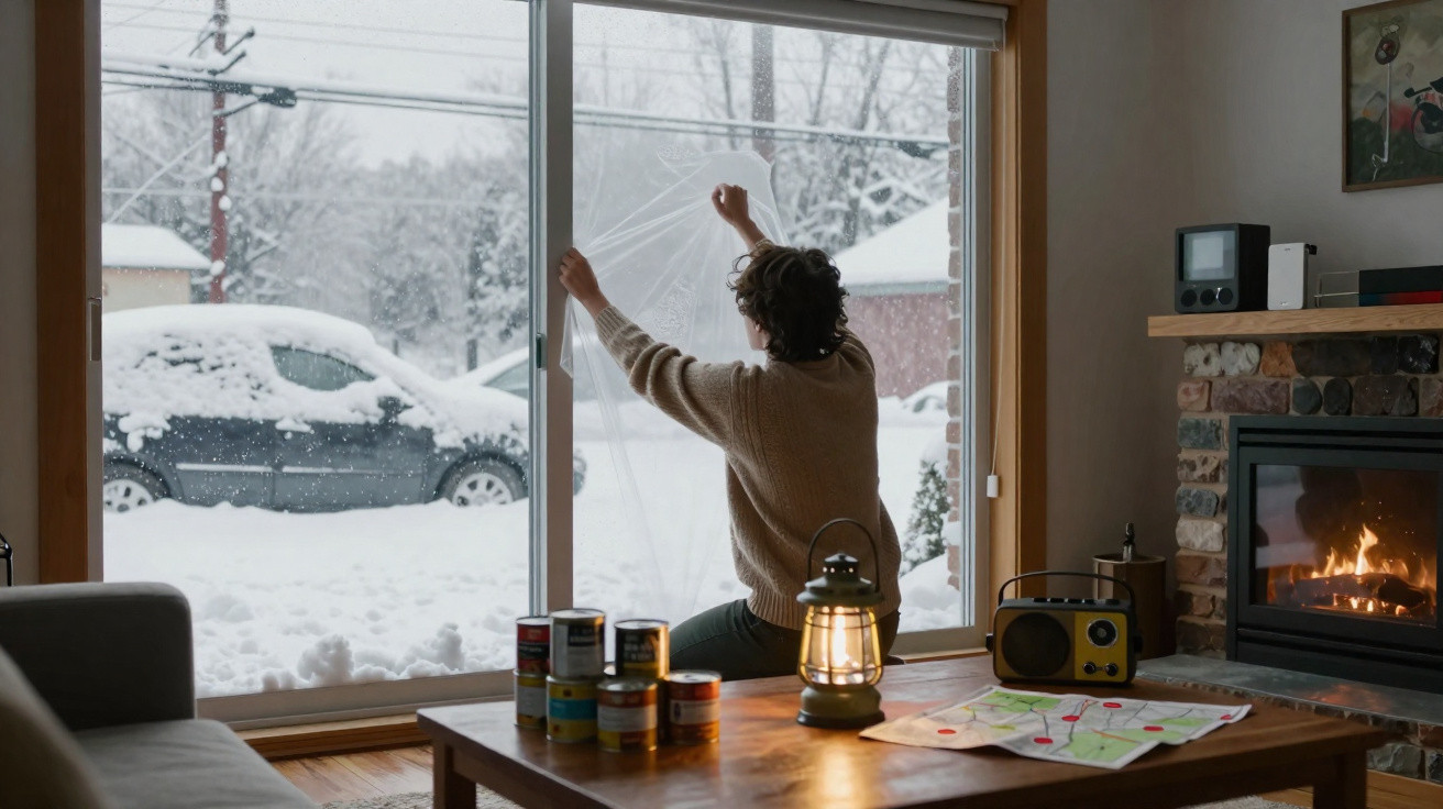 Person applying window insulation film to sliding door during heavy snowfall outside in a cosy living room with fireplace.