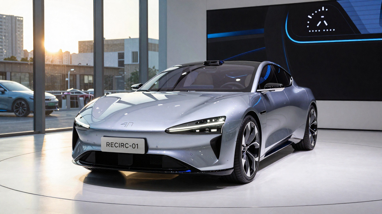 Sleek silver electric sports car displayed indoors with modern design and futuristic LED headlights.