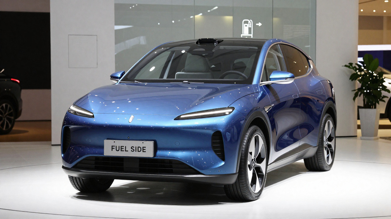 Blue electric SUV displayed indoors with sleek design and modern LED headlights