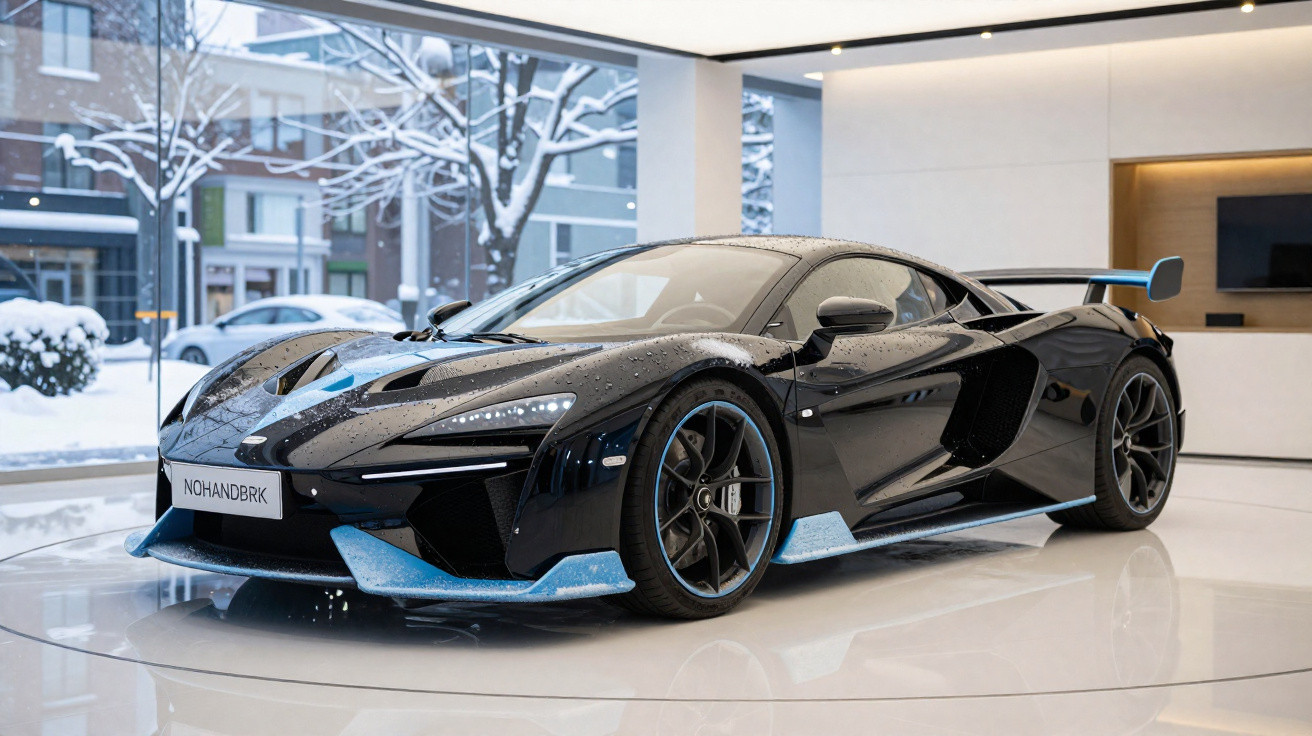 Black sports car with blue accents displayed indoors, snow visible outside through large windows.