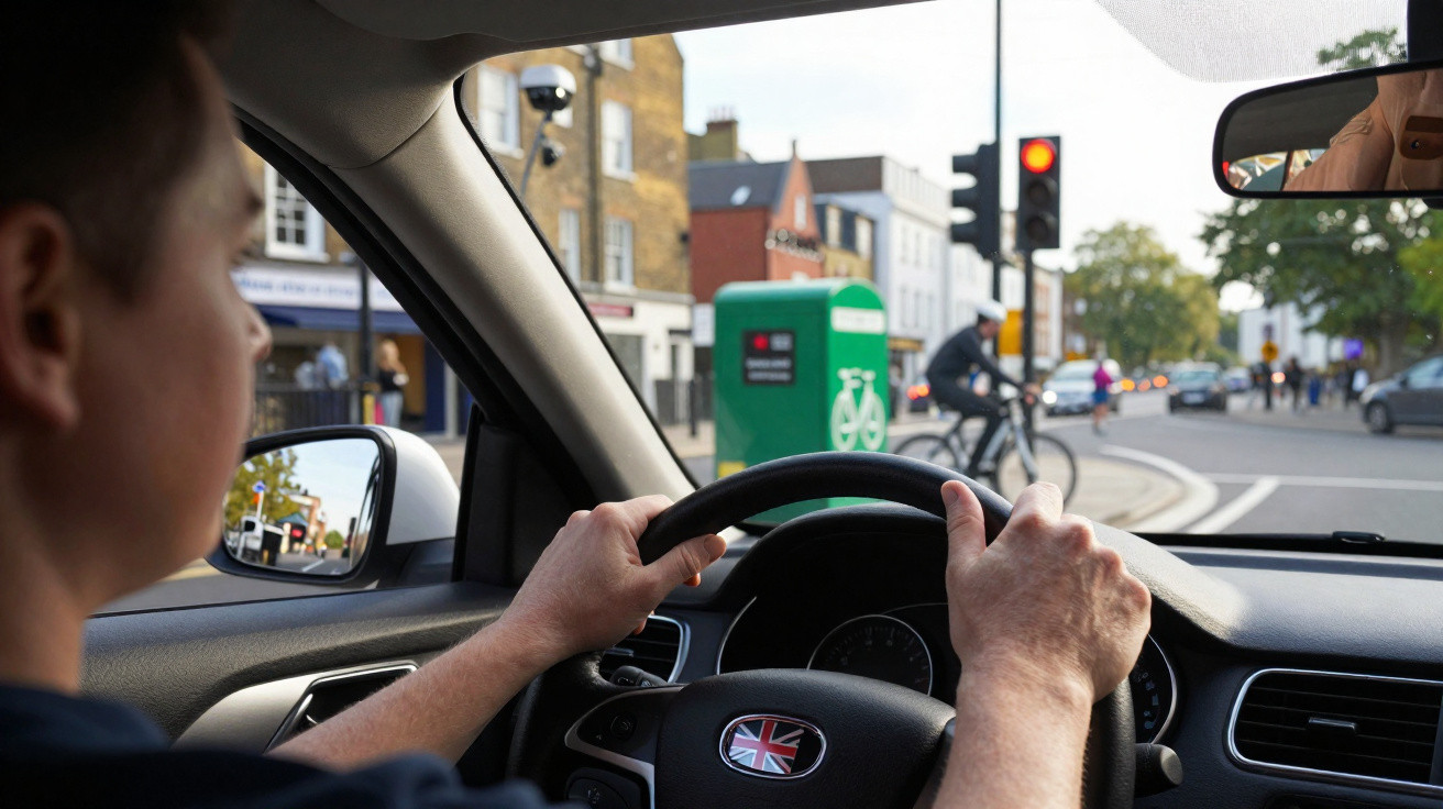 Driver holding steering wheel inside car at red traffic light with cyclist ahead and UK street scene outside window