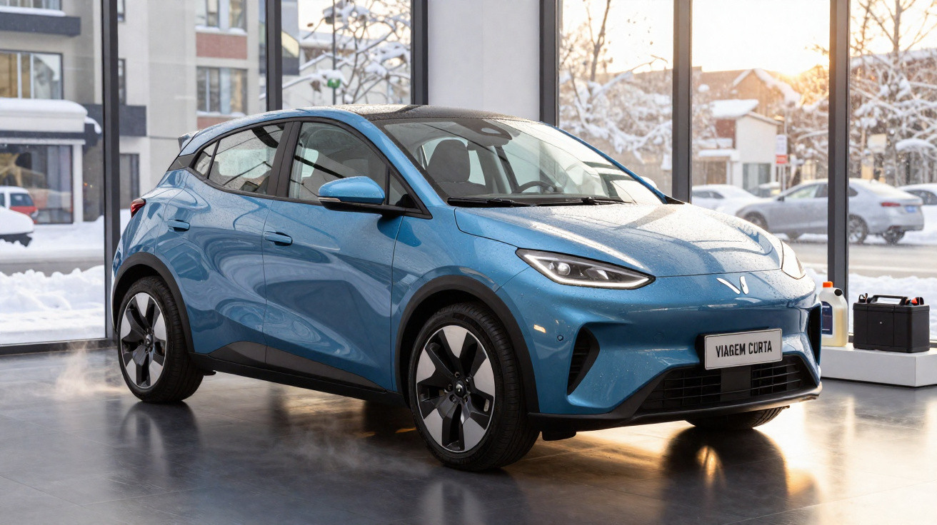 Blue electric hatchback car displayed indoors with snowy street visible through large windows.