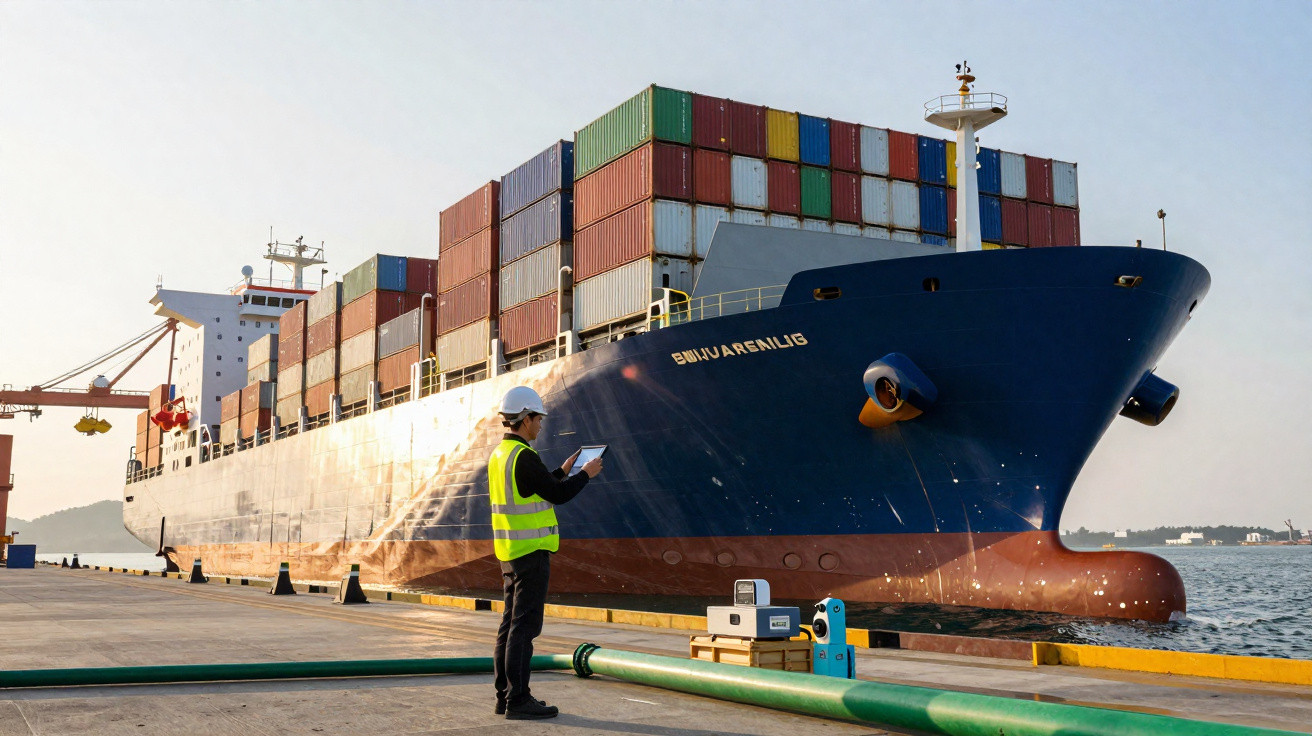Worker in high-visibility vest and helmet standing near large container ship docked at port with stacked cargo containers.
