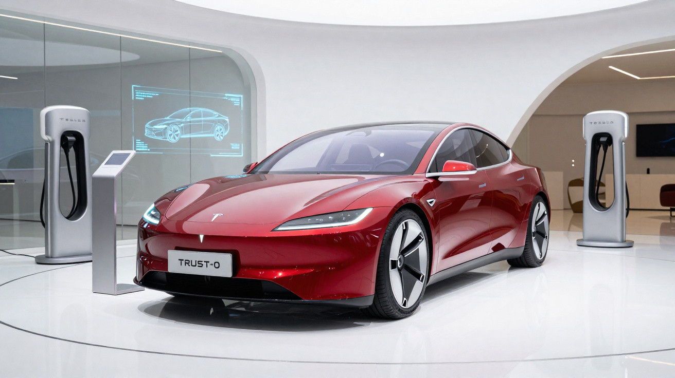Red Tesla electric car displayed indoors between two Tesla charging stations and a digital car blueprint on glass.