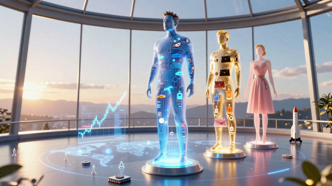 Three futuristic digital human figures displaying technology, fashion, and finance concepts in a glass room.