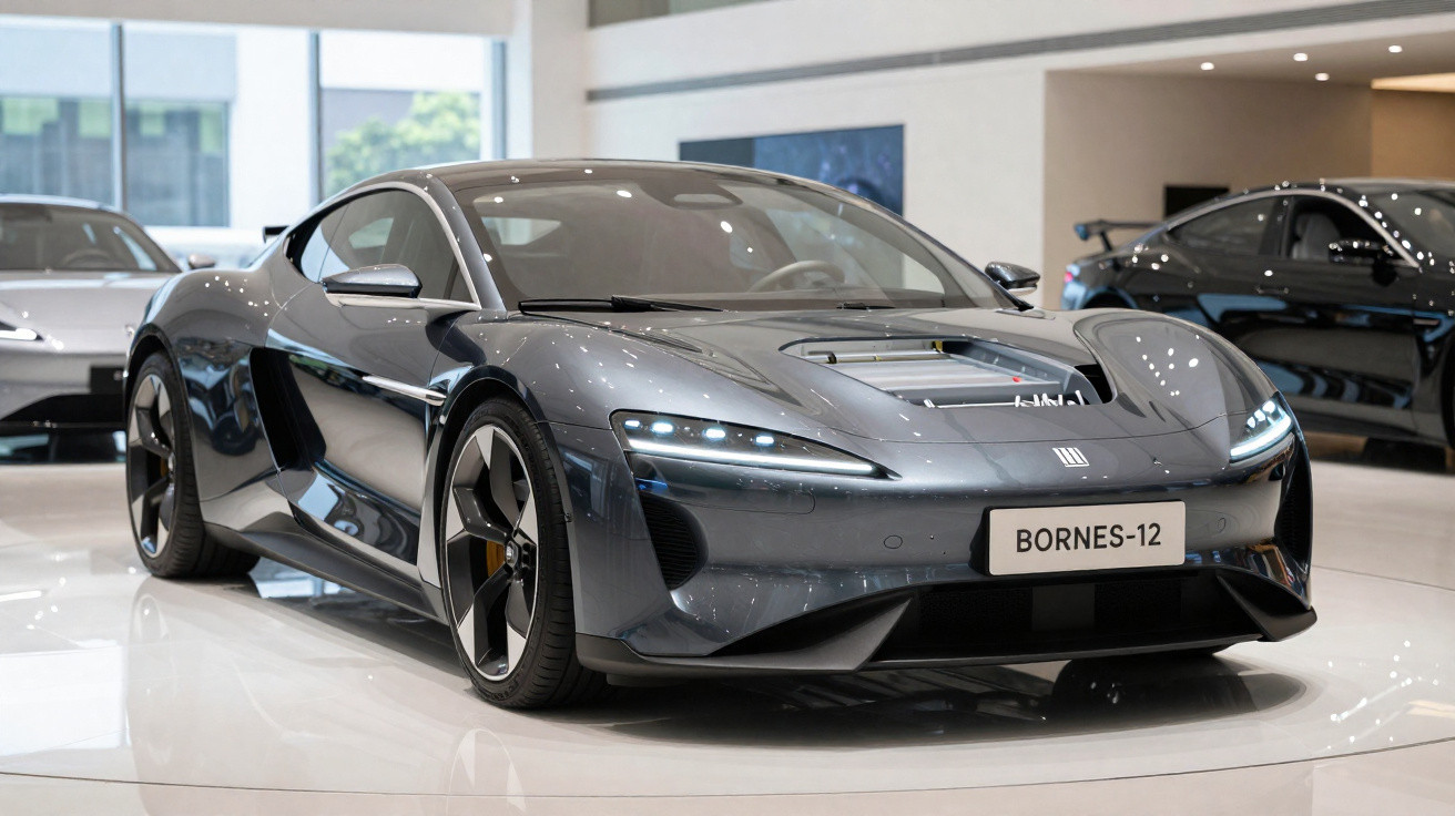 Sleek black sports car with LED lights displayed indoors, featuring aerodynamic design and sporty wheels.