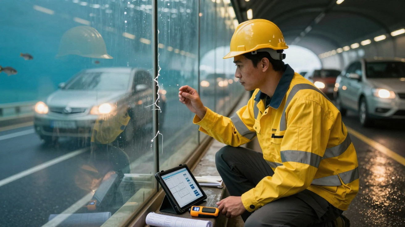 Construction worker in yellow safety gear inspecting glass panel in a tunnel with tablet and measuring tools nearby