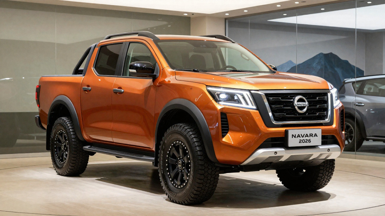Orange Nissan Navara 2026 double-cab pickup truck displayed indoors with black wheels and rugged tyres.