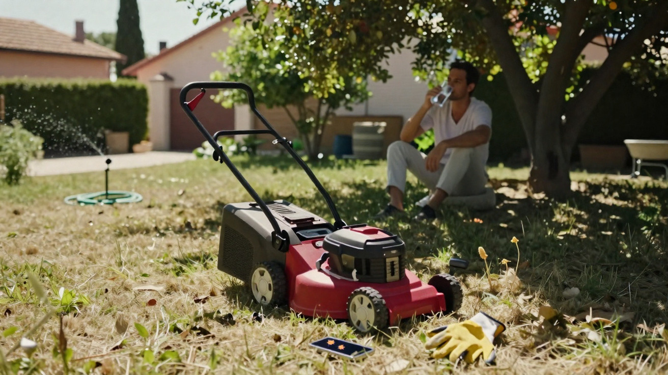 Red lawnmower on dry grass with gloves, a phone, and a man drinking water under a tree in the background.