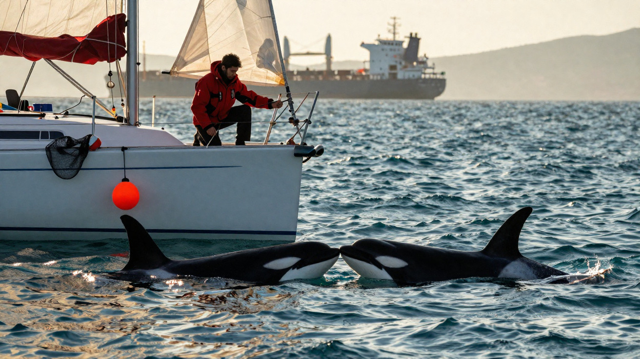 Two orcas swim near a white sailboat with a person in a red jacket holding a rope on calm sea waters.
