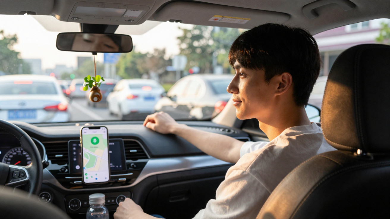 Young man sitting in the front passenger seat of a car, looking out the window during daytime traffic.
