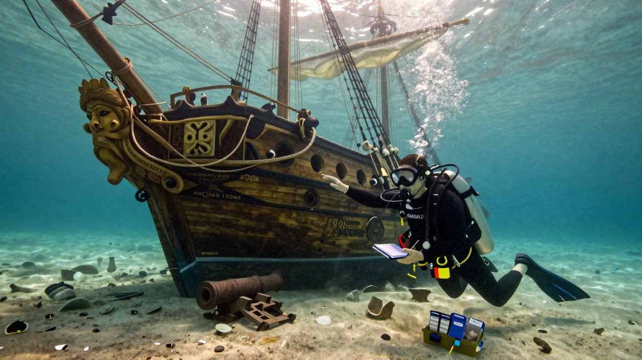 Diver exploring a submerged wooden pirate shipwreck surrounded by scattered pottery and cannons on the sea floor.