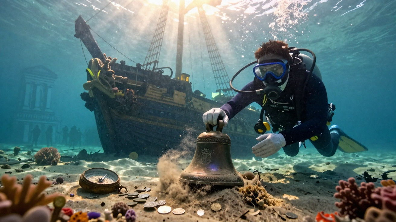 Scuba diver underwater exploring a shipwreck and holding an old bell surrounded by coins and coral.