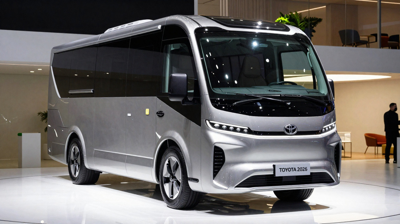 Silver Toyota 2026 futuristic electric minibus displayed indoors on a white platform with modern interior background.