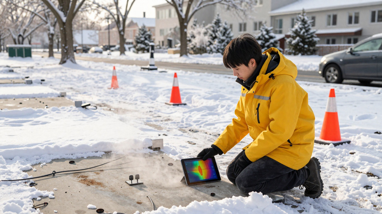 Person in yellow jacket kneeling in snow using a tablet to monitor heat from a concrete surface.
