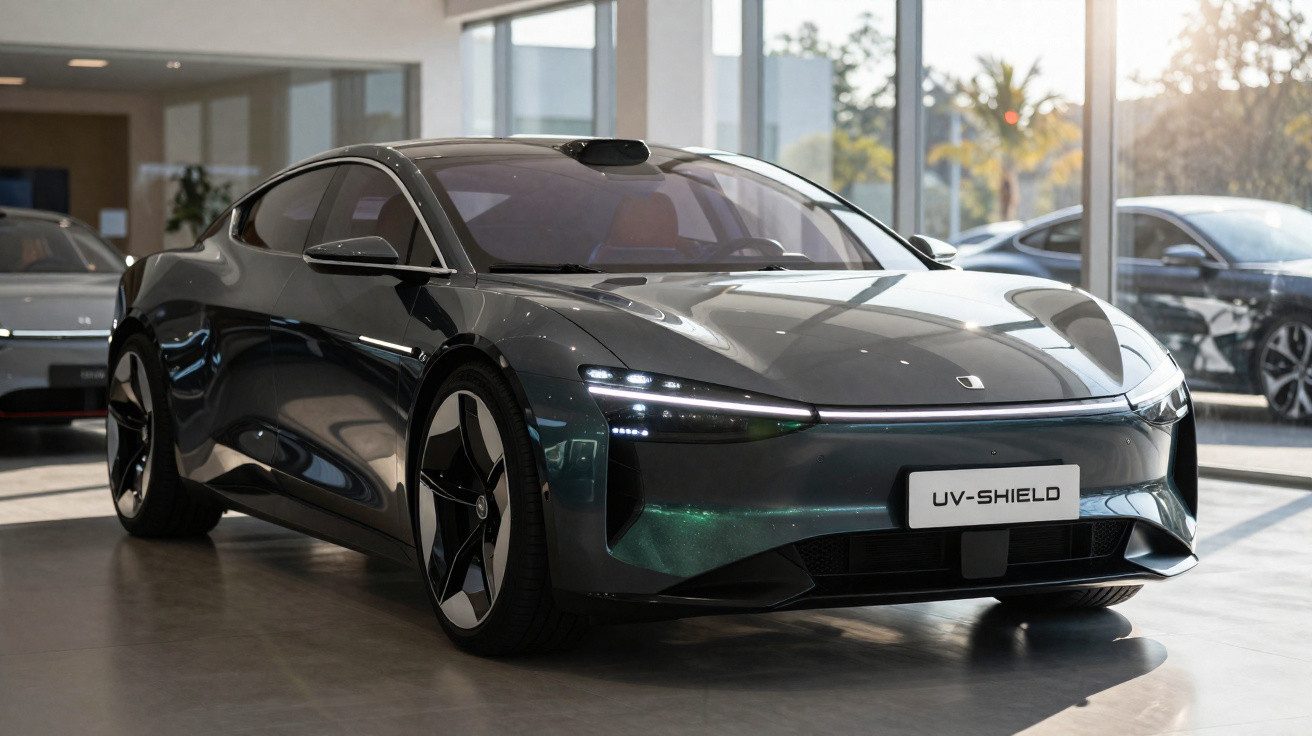 Sleek dark green UV-Shield electric car with futuristic headlights displayed indoors in natural light.
