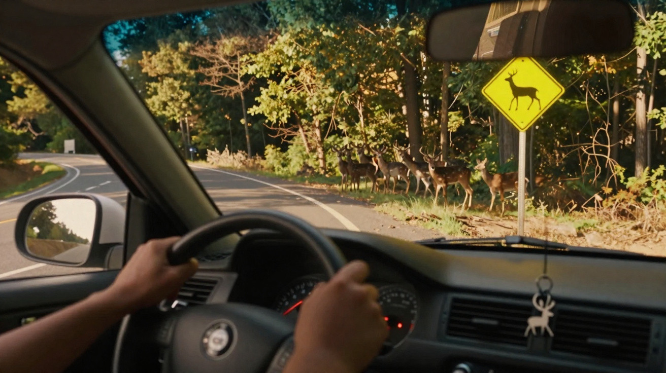 View from inside a car of a deer crossing sign and several deer near the roadside in a wooded area.