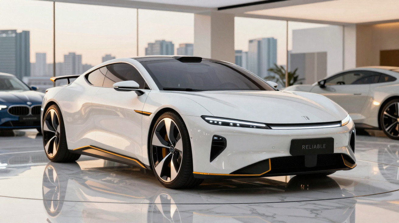 White electric sports car with sleek design displayed indoors with city skyline in the background.