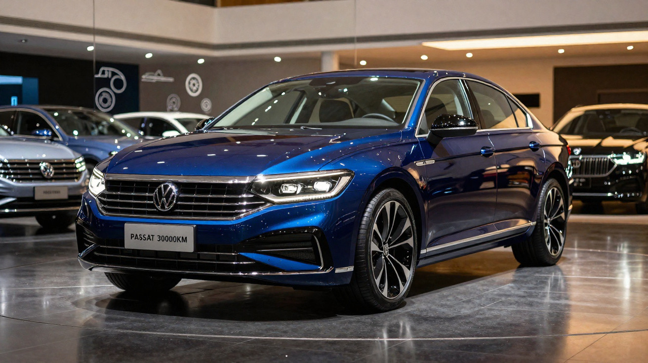 Blue Volkswagen Passat sedan displayed indoors on a polished floor with other cars in the background.