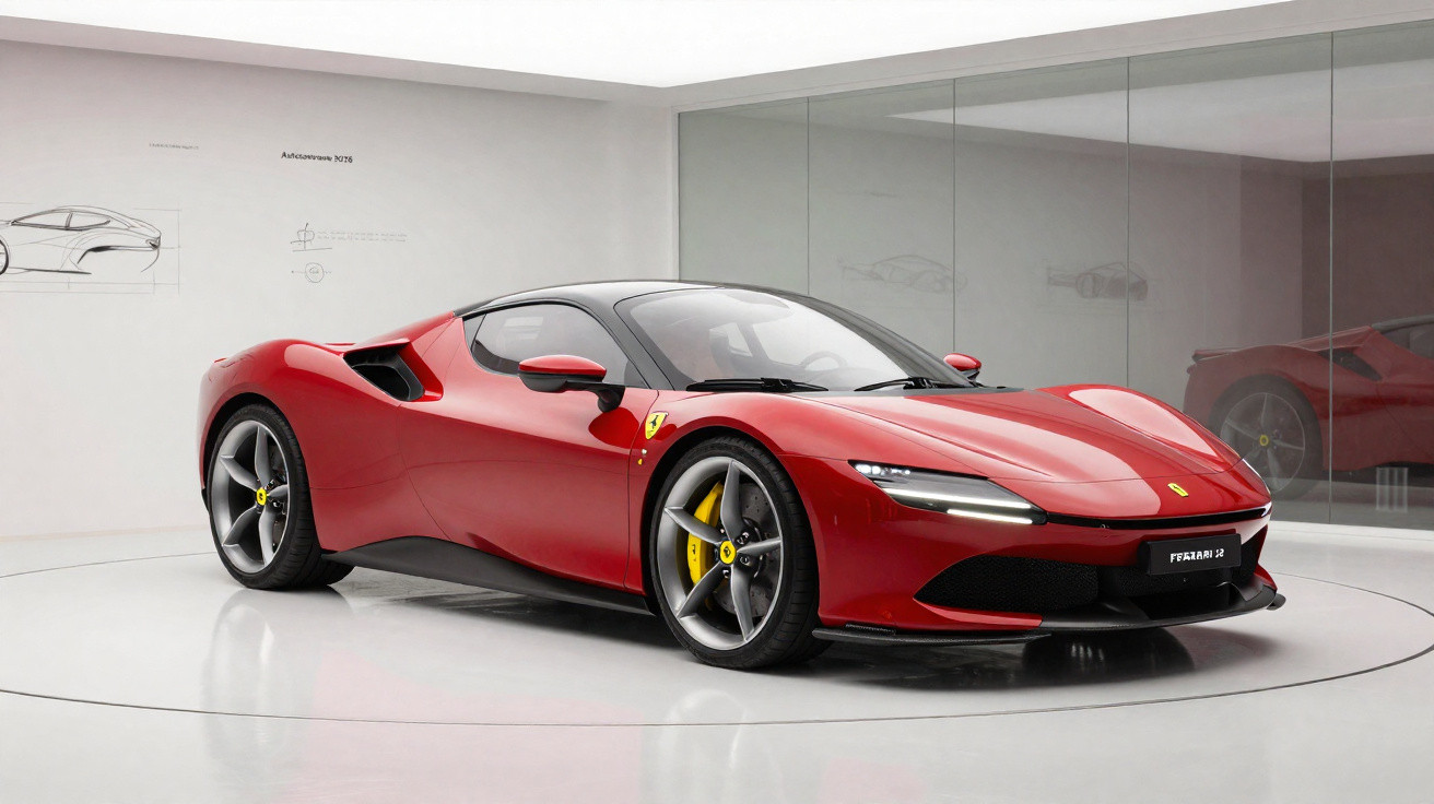 Sleek red Ferrari sports car displayed in a modern white showroom with reflective glass walls.