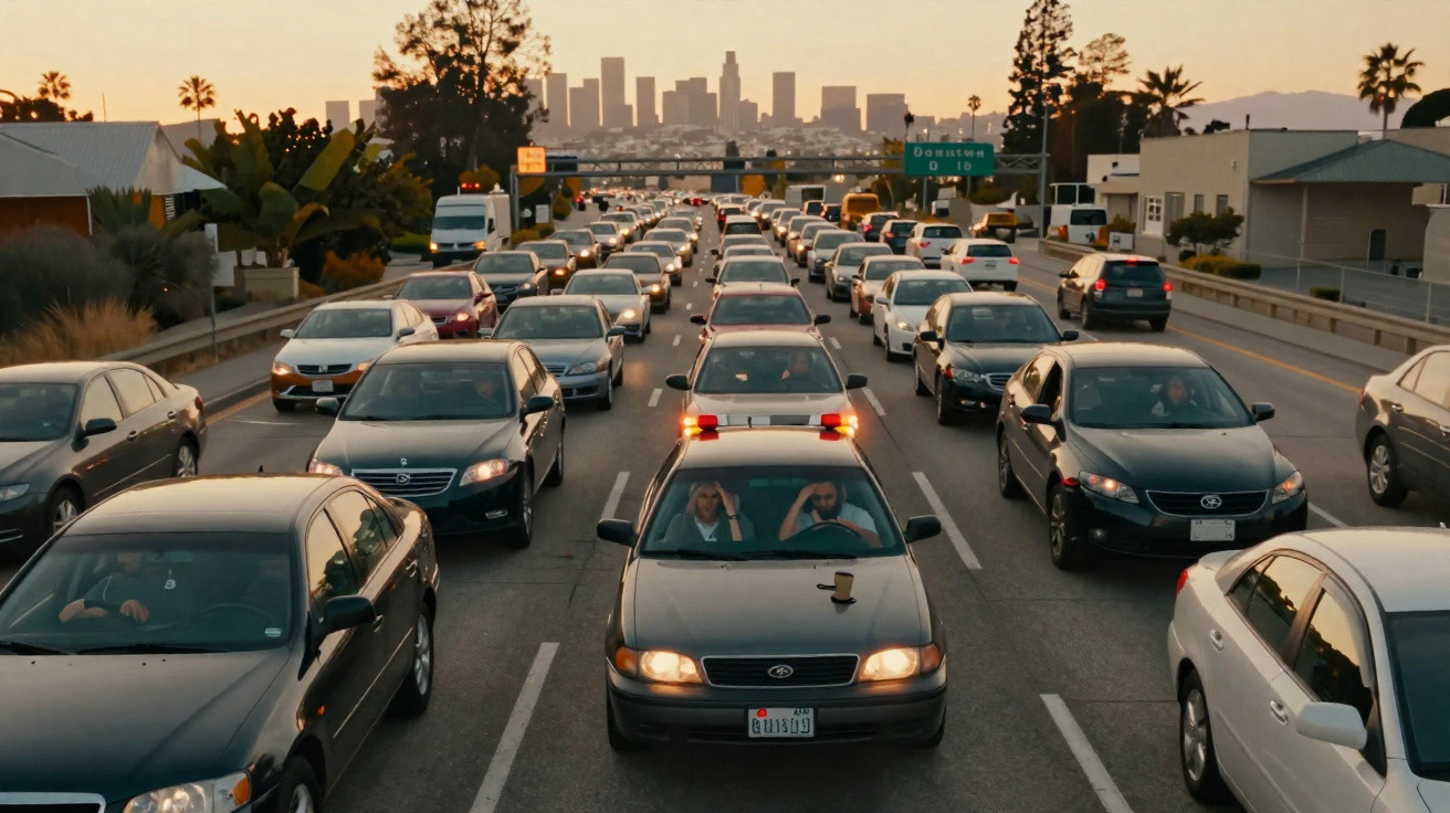 Traffic jam on a multi-lane highway during sunset with a city skyline in the background and a police car in front.
