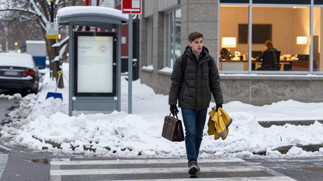 Young man in winter coat carrying a bag and jacket walking across a snowy pedestrian crossing in a city.