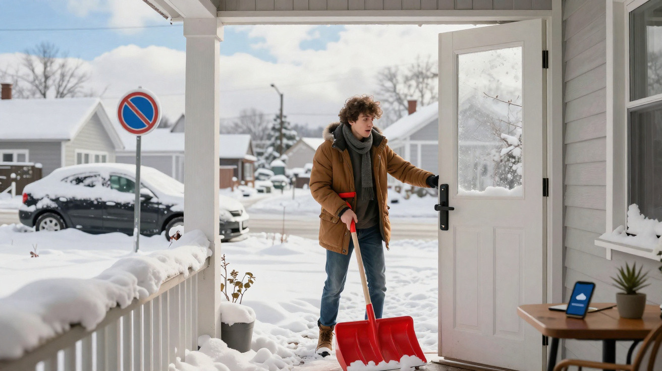 Person in winter clothes holding a red snow shovel entering a house with snow-covered surroundings.