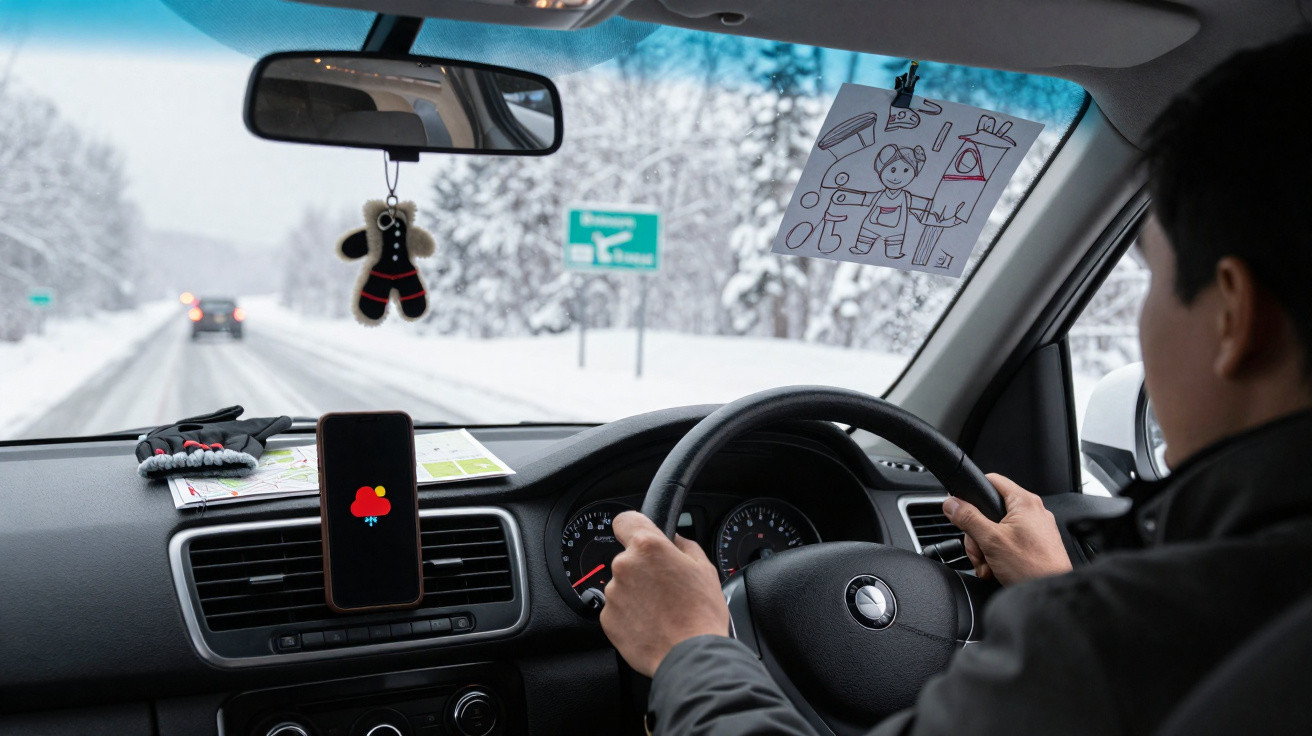 Person driving a car on a snowy road with gloves and a smartphone on the dashboard.