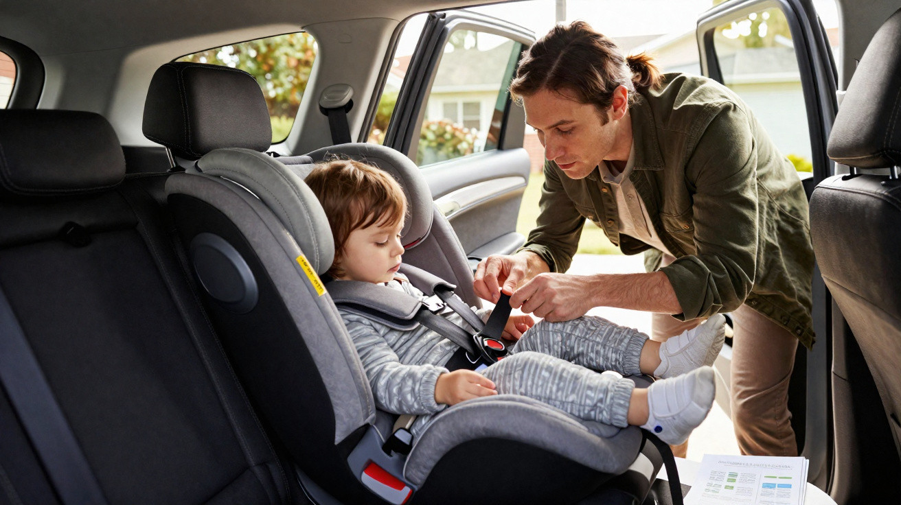 Parent securing a toddler in a rear-facing car seat inside a parked car on a sunny day.