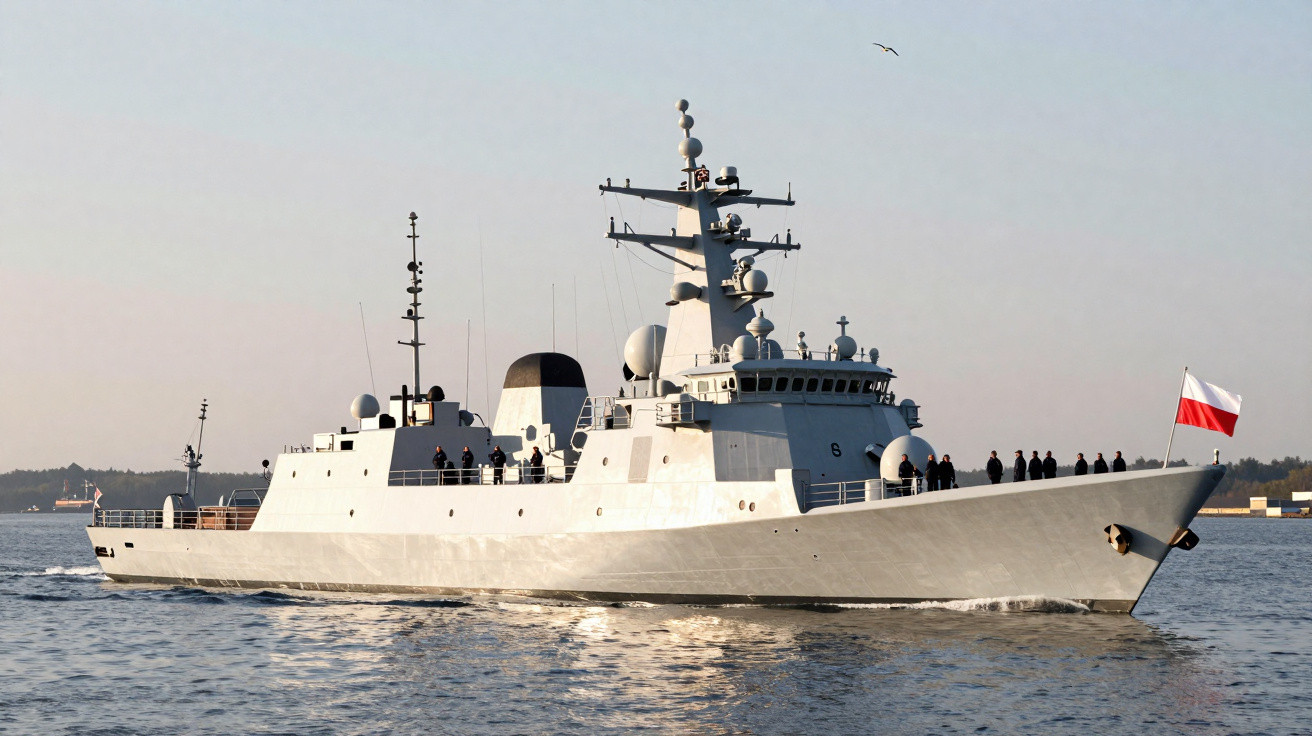 Modern naval warship sailing on calm sea with Polish flag at the stern during daylight.