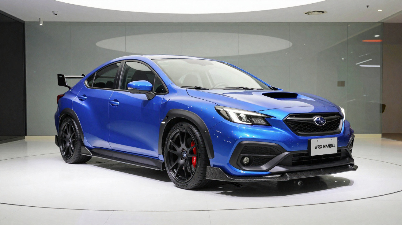 Blue Subaru WRX manual sports car on display in a modern white showroom with black alloy wheels and red brake calipers.