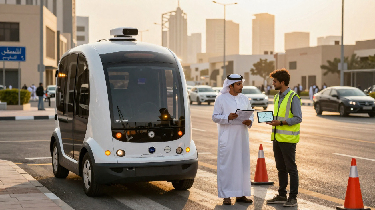 Two men discussing beside a white autonomous shuttle bus on a city street at sunset.
