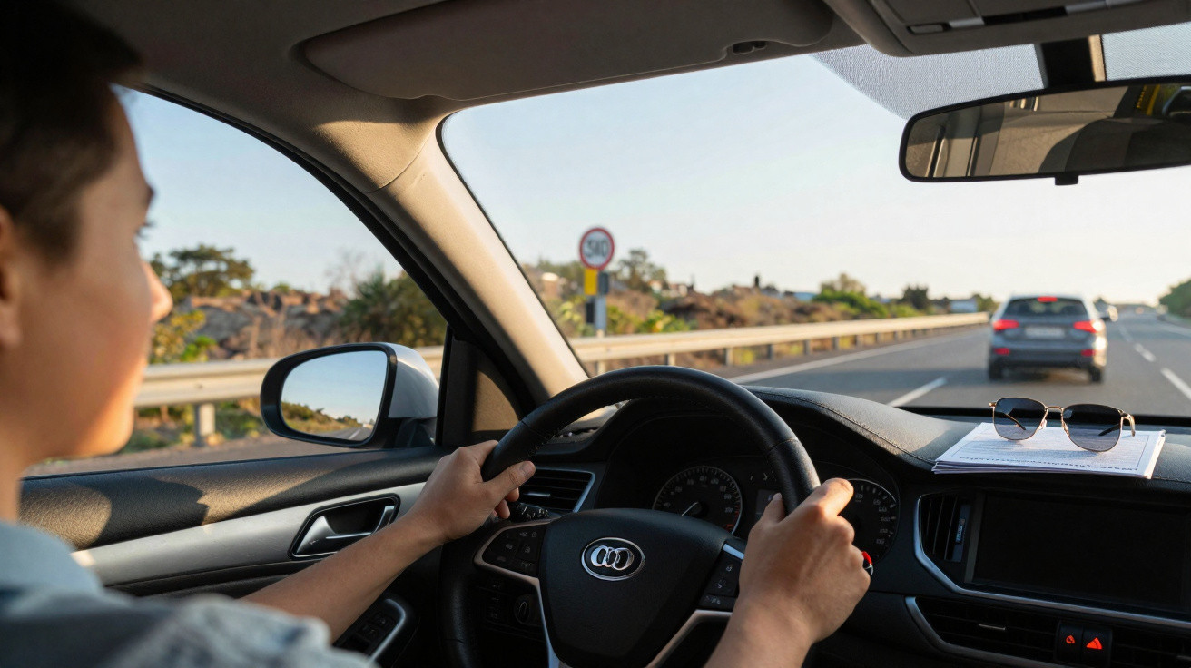 Person driving an Audi on a highway with sunglasses and a document on the dashboard.