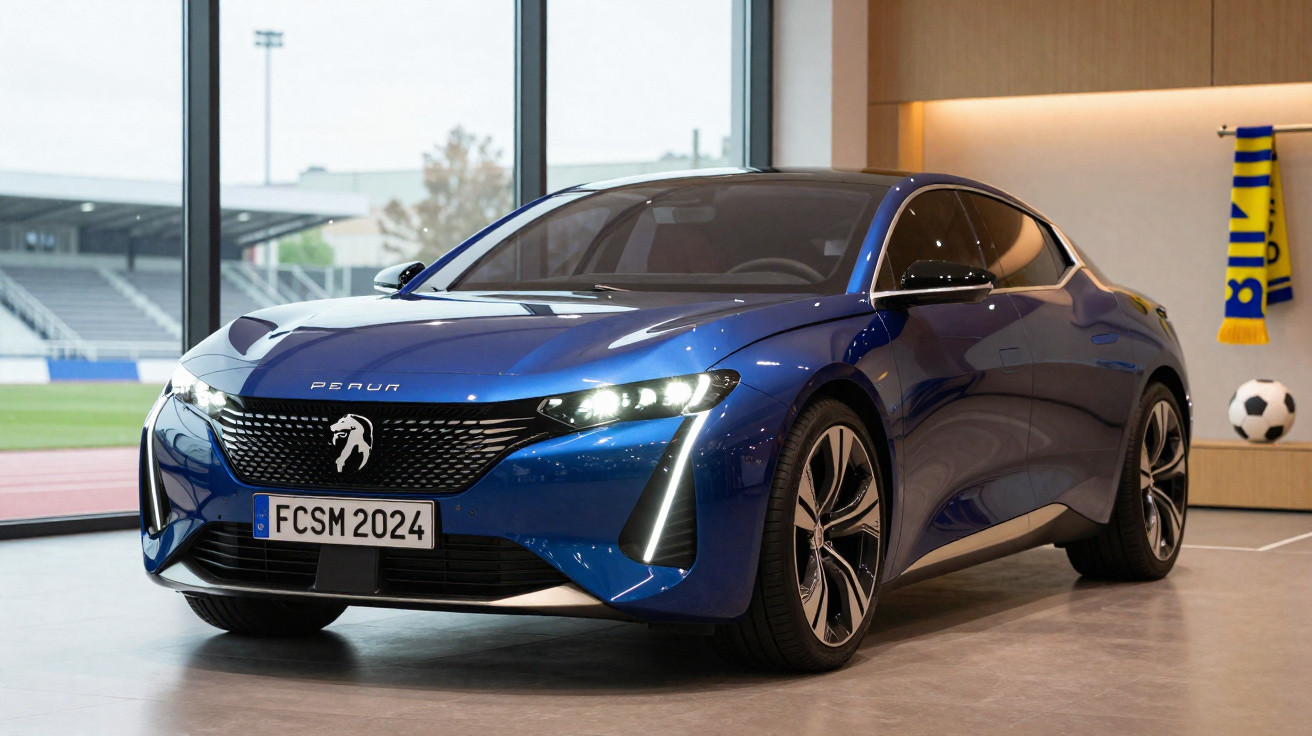 Blue Peugeot electric car parked indoors near a large window with a football and scarf in the background.