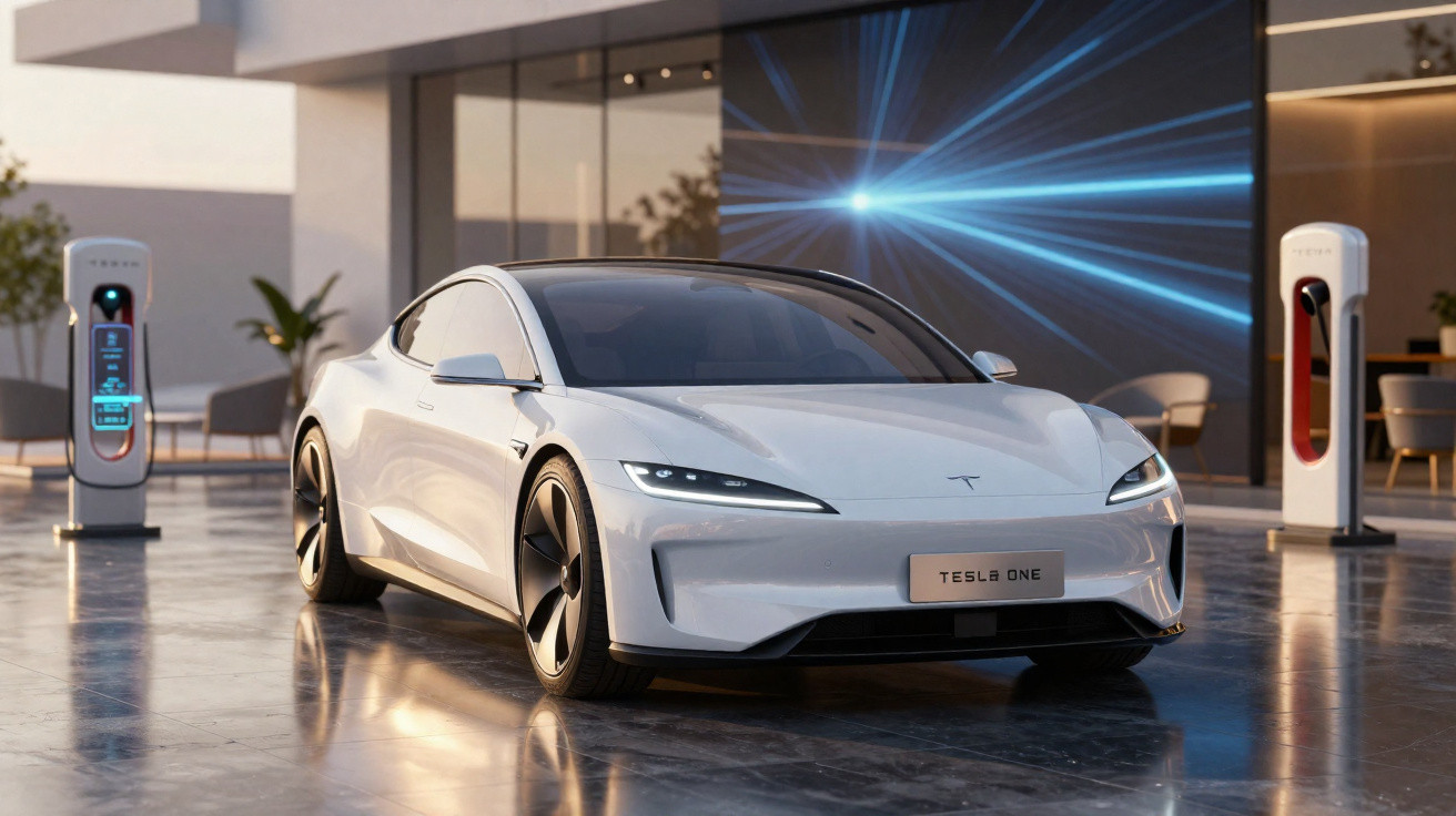 Sleek white Tesla One electric car parked indoors with two Tesla charging stations in the background.